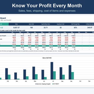 Pode incluir: Um painel digital para revendedores intitulado Know Your Profit Every Month, exibindo vendas, taxas e despesas mensais. A interface inclui uma tabela de resumo com lucro l&iacute;quido e um gr&aacute;fico de barras comparando vendas e lucro l&iacute;quido.