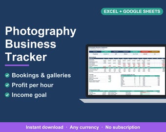 Photography Business Spreadsheet, Client Booking & Gallery Tracker (Excel, Google Sheets)