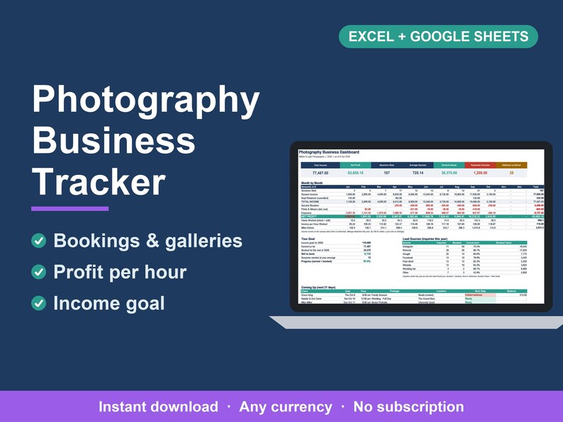 Kalkylblad för fotografiföretag, kundbokning och gallerispårning (Excel, Google Sheets) bild 1