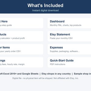 Op de afbeelding: Een digitaal spreadsheet-sjabloon voor Etsy-shopbeheer met secties voor Start Here, Dashboard, Products, Etsy Statement, Order Items, Expenses, Settings en Quick-Start Guide. Compatibel met Microsoft Excel 2010+ en Google Sheets.