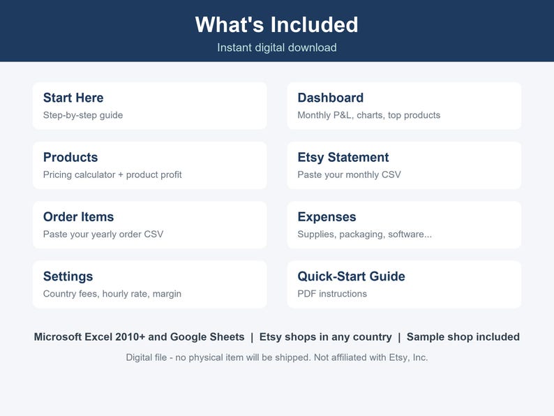Op de afbeelding: Een digitaal spreadsheet-sjabloon voor Etsy-shopbeheer met secties voor Start Here, Dashboard, Products, Etsy Statement, Order Items, Expenses, Settings en Quick-Start Guide. Compatibel met Microsoft Excel 2010+ en Google Sheets.