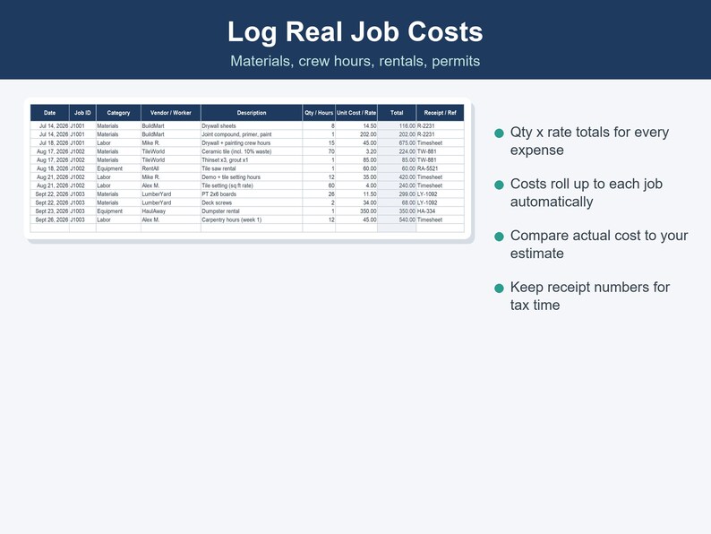 Contractor Estimate & Invoice Template, Job Costing Spreadsheet (Excel, Google Sheets) image 7
