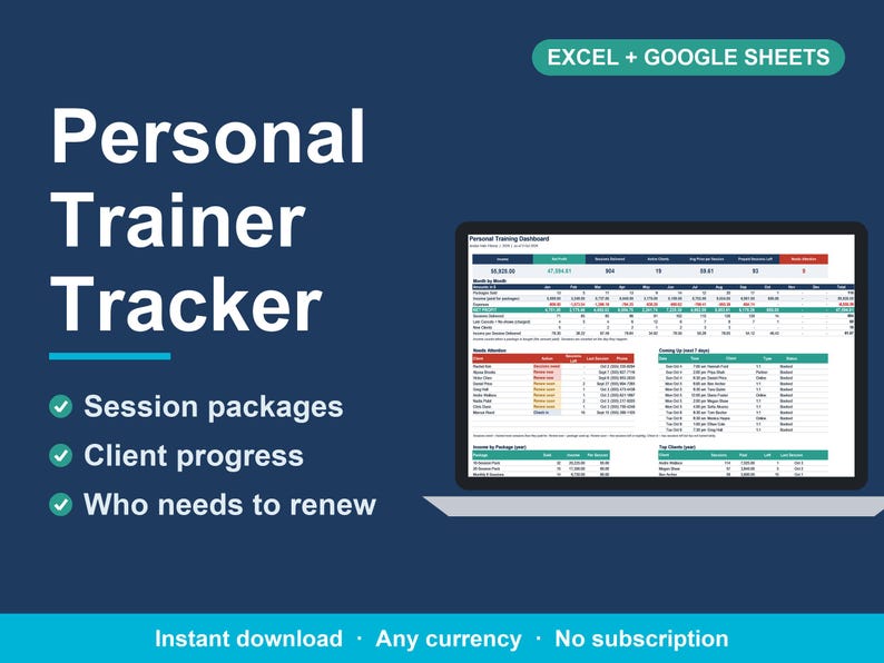 Personal Trainer Spreadsheet, Client Session & Progress Tracker (Excel, Google Sheets) image 1