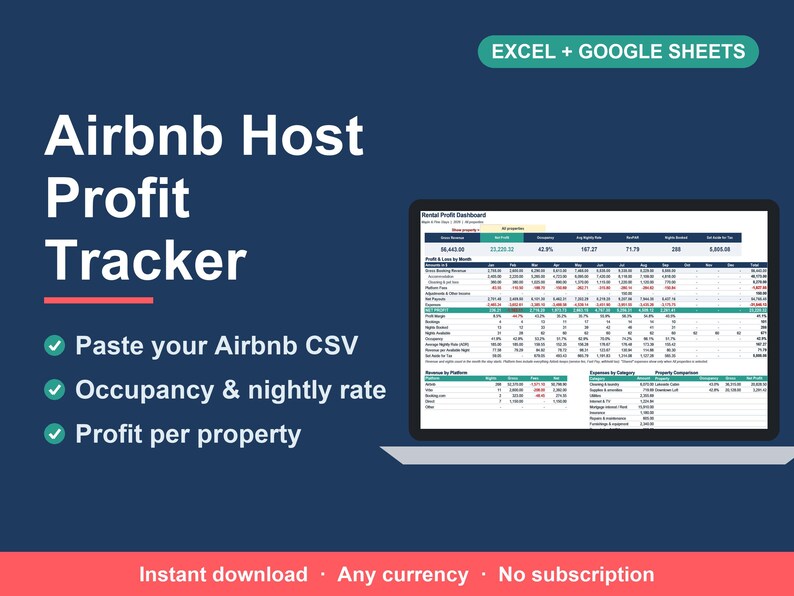 Airbnb-värdkalkylblad, hyresintäkts- och utgiftsspårare (Excel, Google Sheets) bild 1