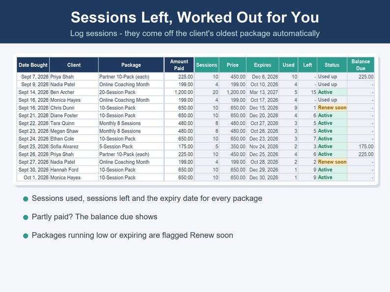 Personal Trainer Spreadsheet, Client Session & Progress Tracker (Excel, Google Sheets) image 2