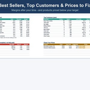 May include: A business dashboard titled Best Sellers, Top Customers & Prices to Fix, displaying four tables: Best Sellers (year), Top Customers (year), Owed to You (completed, not fully paid), and Check Your Prices, with data on sales, revenue, and margins.