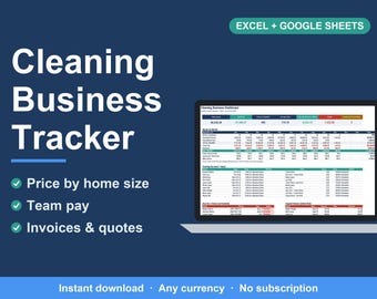 Cleaning Business Spreadsheet, Client, Job & Invoice Tracker (Excel, Google Sheets)