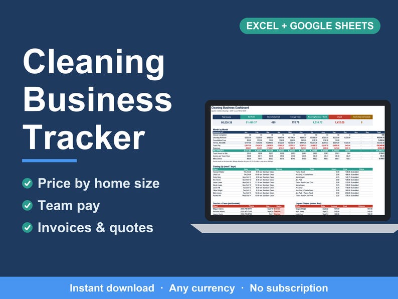 Cleaning Business Spreadsheet, Client, Job & Invoice Tracker (Excel, Google Sheets) 画像 1