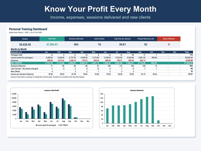 Personal Trainer Spreadsheet, Client Session & Progress Tracker (Excel, Google Sheets) image 3