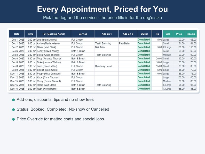 Dog Grooming Business Tracker, Client & Income Spreadsheet (Excel, Google Sheets) image 2