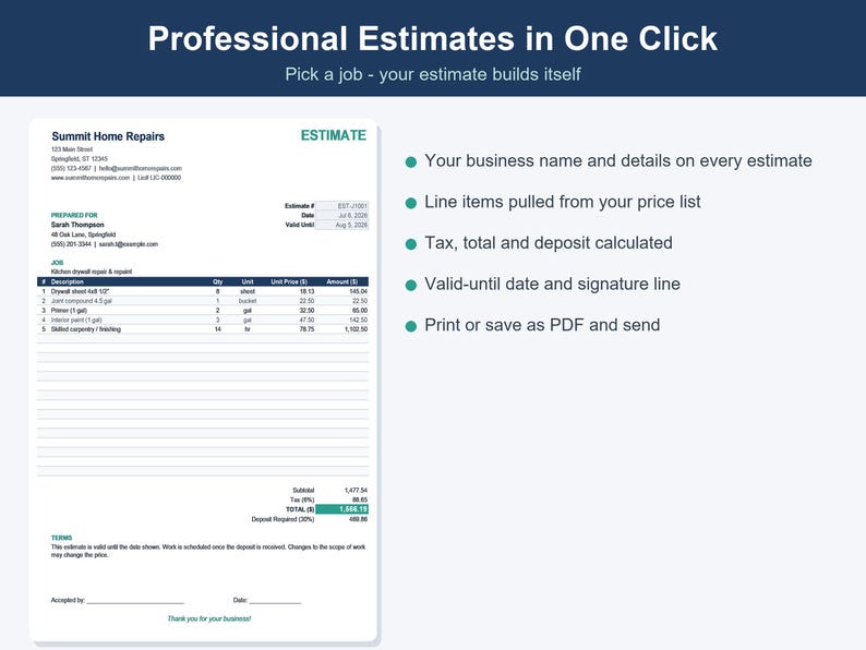 Contractor Estimate & Invoice Template, Job Costing Spreadsheet (Excel, Google Sheets) image 2