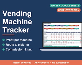 Vending Machine Business Spreadsheet, Route, Profit & Commission Tracker, Complete Edition (Excel, Google Sheets)