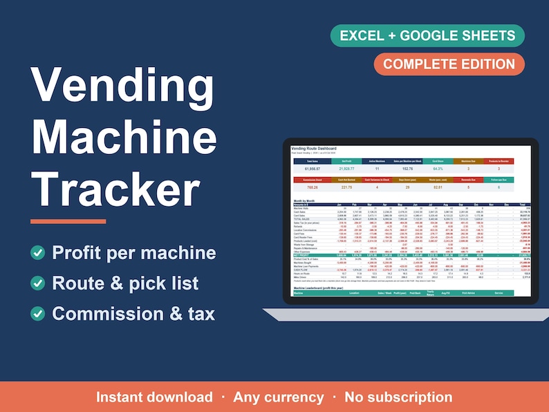 May include: A Vending Machine Tracker digital dashboard for Excel and Google Sheets. The dark blue graphic displays the text Vending Machine Tracker, Complete Edition, and features a laptop screen showing a detailed financial data table.
