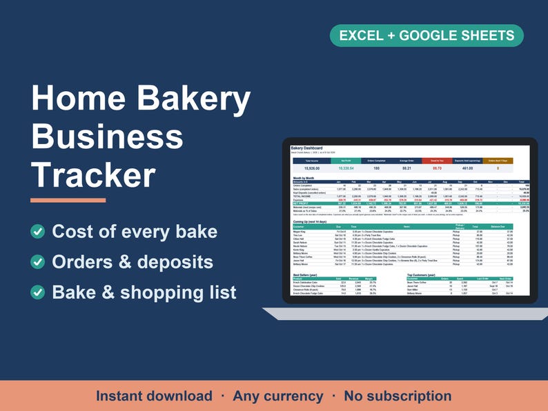 May include: A digital Home Bakery Business Tracker spreadsheet displayed on a laptop screen. The interface includes sections for cost of every bake, orders and deposits, and bake and shopping lists. Text includes EXCEL + GOOGLE SHEETS.