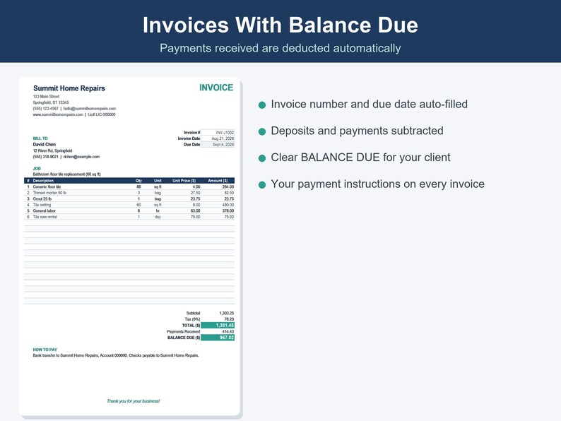 Contractor Estimate & Invoice Template, Job Costing Spreadsheet (Excel, Google Sheets) image 3
