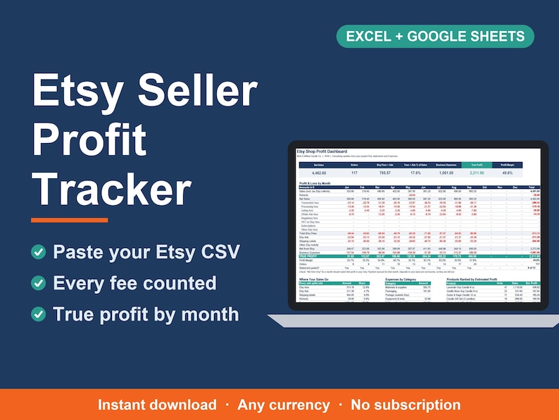 Op de afbeelding: Een digitaal Etsy-verkoper winsttracker spreadsheet-tool voor Excel en Google Sheets. De donkerblauwe afbeelding toont de tekst "Etsy Seller Profit Tracker", "Paste your Etsy CSV", "Every fee counted" en "True profit by month".