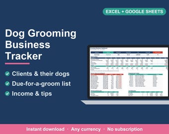 Dog Grooming Business Tracker, Client & Income Spreadsheet (Excel, Google Sheets)
