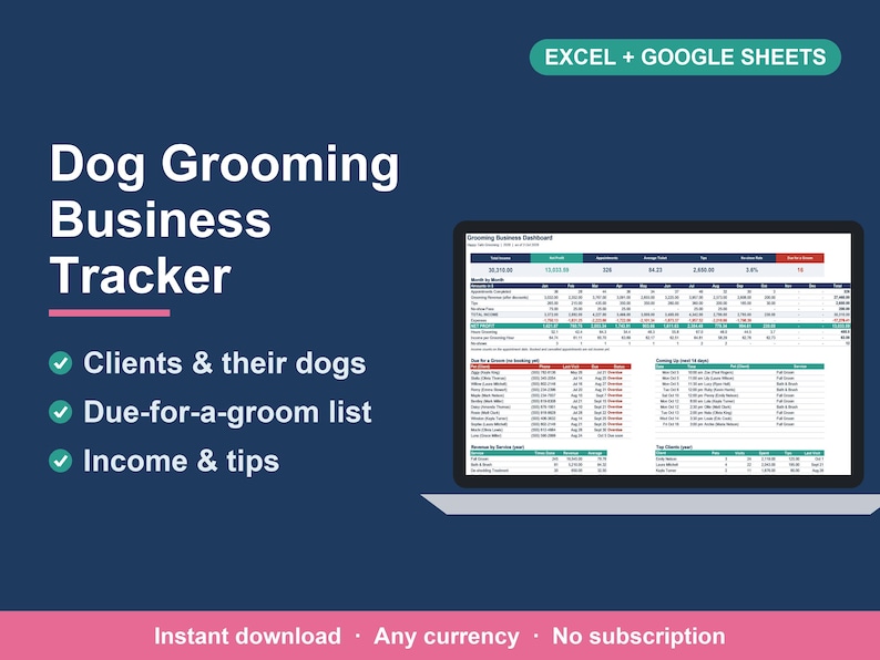 Dog Grooming Business Tracker, Client & Income Spreadsheet (Excel, Google Sheets) image 1