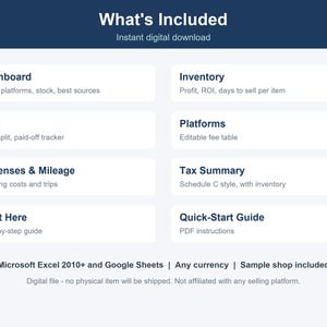 Pode incluir: Uma vis&atilde;o geral de um produto de download digital com um cabe&ccedil;alho azul escuro com o texto What's Included e Instant digital download. A lista inclui Dashboard, Inventory, Lots, Platforms, Expenses & Mileage, Tax Summary, Start Here e Quick-Start Guide.