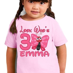 Cute Butterfly Girls Pink Personalized Birthday T Shirt Tee Custom Name Age Gift Look Whos