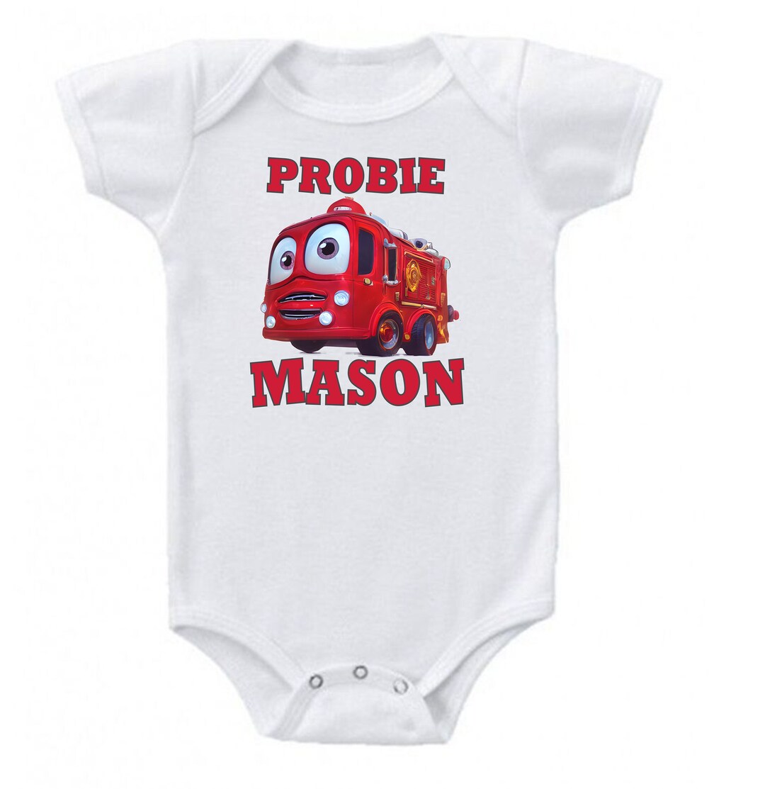 Cute Fire Truck Red Fighter Probie Onesie Bodysuit Short Sleeve