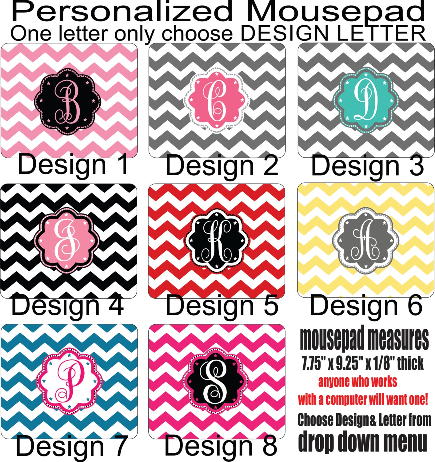 Personalized Mouse Pad Chevron Design with Monogram intial letters 
