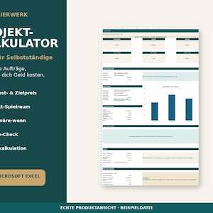 Può includere: Un foglio di calcolo digitale per progetti in Microsoft Excel con una barra laterale verde scuro e testo bianco che include il titolo PROJEKT-KALKULATOR e un elenco di funzioni, accanto a un'interfaccia bianca di inserimento dati con grafici a barre blu.