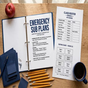 May include: A three-ring binder titled Emergency Sub Plans with a class roster and seating chart. The binder contains a lesson plan, reading, and rules. Included are a red apple, a blue pen, a stack of blue paper, yellow pencils, and a blue mug.