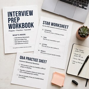 Manuale di preparazione al colloquio di lavoro in formato PDF, 10 pagine stampabili, domande per il colloquio di lavoro con il metodo STAR, pianificatore di carriera per chi cerca lavoro.