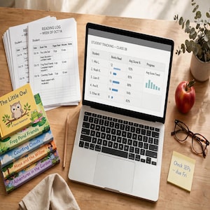 May include: A laptop displaying a student tracking spreadsheet, a stack of reading logs, a stack of five children's books, a wooden pencil, a red apple, a pair of glasses, and a yellow sticky note with the text Check IEPs - due Fri.