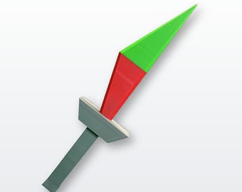 May include: A toy sword featuring a pointed blade divided into a red lower section and a bright green upper section. The hilt is a solid gray color with a rectangular crossguard, and the handle is a simple, straight gray bar extending from the guard.