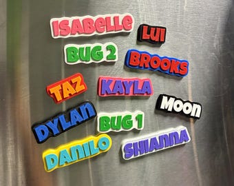 May include: A collection of eleven colorful 3D-printed name magnets featuring the names Isabelle, Lui, Bug 2, Brooks, Taz, Kayla, Moon, Dylan, Bug 1, Danilo, and Shianna in various bold fonts and contrasting color combinations attached to a metallic surface.