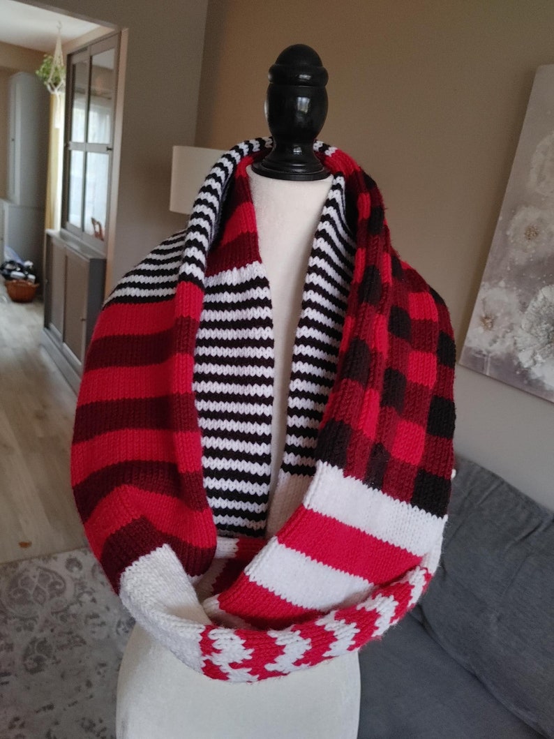 KNIT SCARF PATTERN, Bold in the Cold Scarf Pattern, Buffalo Plaid Infinity Scarf Pattern, Fall Winter Infinity Scarf, Instant Pdf Download image 1