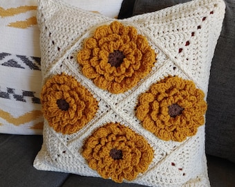 Patrón de funda de almohada de crochet con girasoles: Diseño de cuadros de abuela (Descargar PDF)