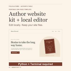 May include: A digital author website kit and local editor template featuring the text Folio & Form, Author's Table, Portable One-Page Template, Author website kit + local editor, Edit locally. Keep your site files, and Python + Terminal required.