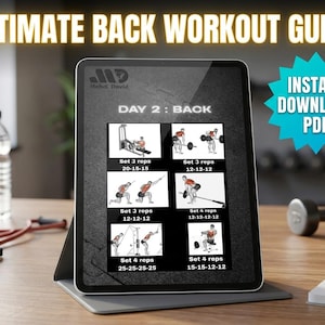 Pode incluir: Um tablet digital exibindo um guia de treino de costas em PDF com o texto Day 2: Back. A tela mostra seis ilustrações de exercícios em preto e branco com séries e repetições. Um gráfico azul contém o texto Instant Download PDF.