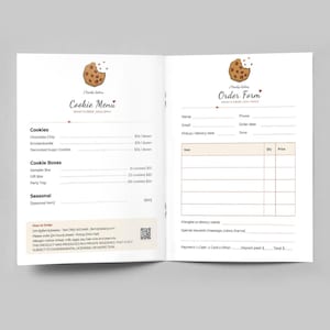 Op de afbeelding: Een wit papieren koekjesmenu en bestelformulier voor J Family's Bakery. Het menu bevat koekjes, dozen en seizoensartikelen met prijzen. Het bestelformulier bevat velden voor contactgegevens, artikelhoeveelheden, prijzen en betaalmethoden.