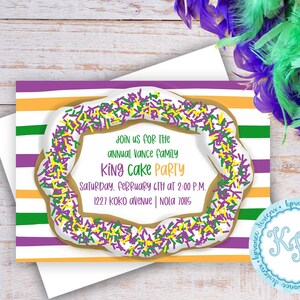May include: A purple, green, and yellow striped invitation with a white donut with purple, green, and yellow sprinkles. The invitation reads "Join us for the annual Vance family King Cake Party Saturday, February 6th at 2:00 P.M. 1227 Koko Avenue | NOLA 70115"