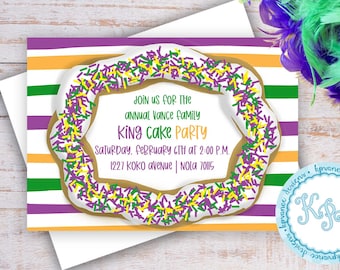 May include: A purple, green, and yellow striped invitation with a white donut with purple, green, and yellow sprinkles. The invitation reads "Join us for the annual Vance family King Cake Party Saturday, February 6th at 2:00 P.M. 1227 Koko Avenue | NOLA 70115"