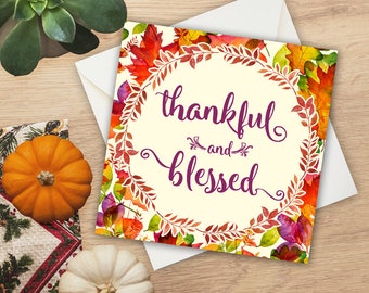 Thankful and Blessed Fall Leaves Square Holiday Greeting Card