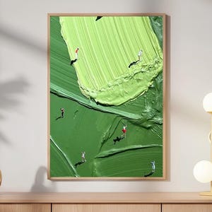 May include: A rectangular wall art piece featuring thick, textured impasto oil paint in shades of lime and forest green. Small, miniature figures in various colored clothing are positioned across the surface, casting distinct dark shadows.