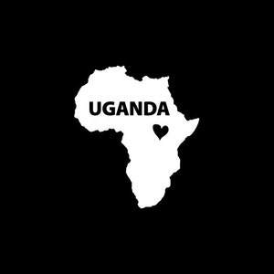 May include: A white outline of the continent of Africa with the word "UGANDA" in black text and a black heart icon over the country of Uganda.