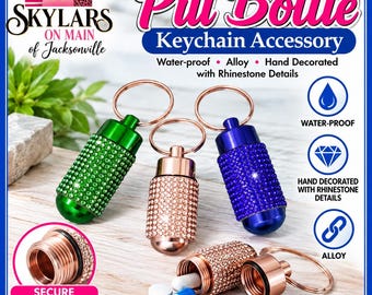 Pill Bottle - Rhinestone Embellishment, Multiple Colors Available. Keychain Accessory.