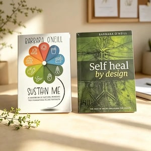 May include: Two books by Barbara O'Neill. The white book titled Sustain Me: A Handbook of Natural Remedies features a colourful flower graphic with icons. The green book titled Self Heal by Design features a dark green anatomical illustration.
