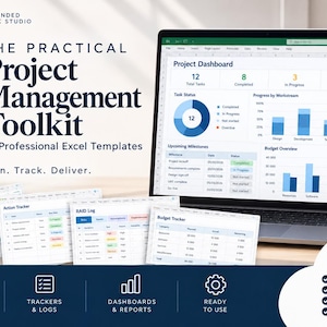 Peut inclure: Un écran d'ordinateur affichant un tableau de bord de projet avec des graphiques et des tableaux, ainsi que des modèles Excel imprimés nommés Project Plan, Action Tracker, RAID Log et Budget Tracker. Le texte indique The Practical Project Management Toolkit.