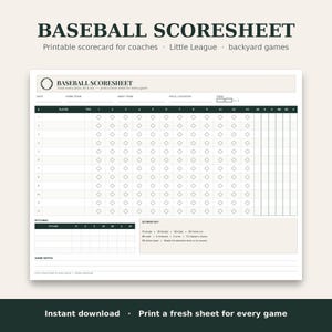 Może przedstawiać: Drukowany arkusz wyników do baseballa z nagłówkiem BASEBALL SCORESHEET, polami na datę, nazwy drużyn i lokalizację, siatką do śledzenia statystyk graczy, sekcją miotacza oraz kluczem punktacji ze skrótami.