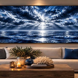 Tableau mural spectaculaire sur le thème de l'océan, nuages ​​d'orage bleus, rayons de soleil blancs (Téléchargement numérique)