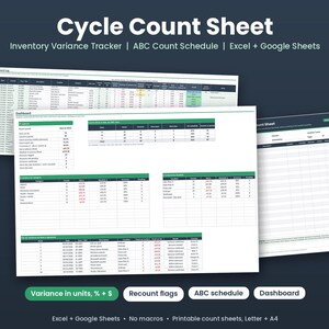 May include: A digital Cycle Count Sheet inventory variance tracker template for Excel and Google Sheets. The document features a dashboard, ABC count schedule, and count logs with tables displaying data in green, white, and dark blue colours.