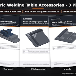 Puede incluir: Tres páginas de documentos digitales tituladas Metric Welding Table Accessories que presentan planos para un soporte de tornillo de banco, un juego de escuadras de soldadura y bloques en V. Cada página incluye diagramas y texto.