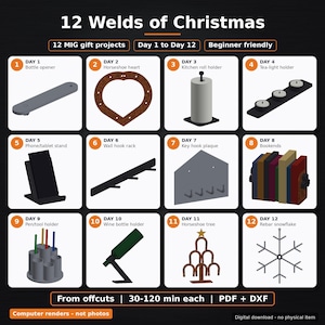 May include: A digital guide titled 12 Welds of Christmas featuring 12 MIG gift projects for beginners. The graphic displays 12 numbered squares with illustrations of metal items including a bottle opener, horseshoe heart, and rebar snowflake.